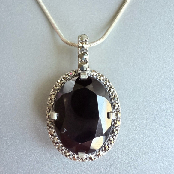 Black Onyx 10.82ct Enhancer Pendant w/ Marcasites 925 Sterling Silver Ne… - Picture 1 of 8